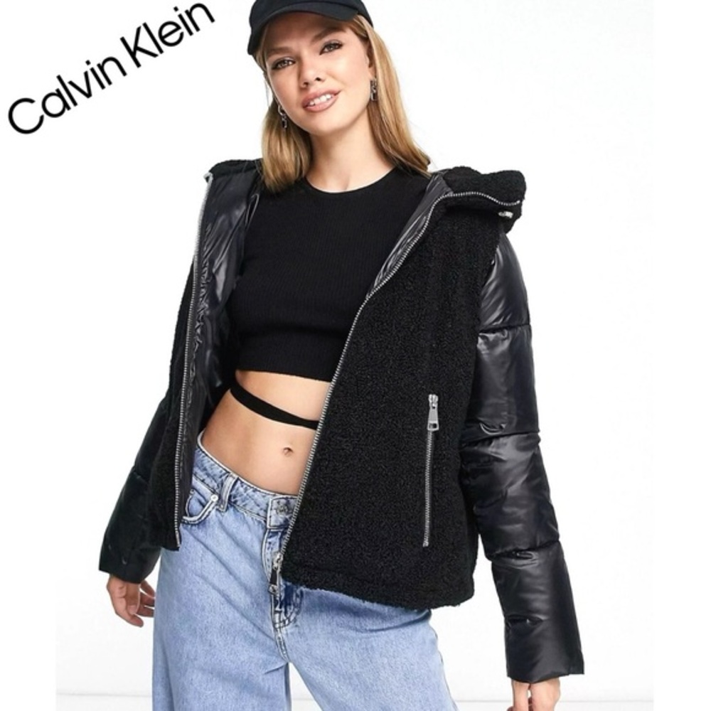 NWT Calvin Klein Sherpa Combo Puffer Jacket Hooded In Black